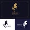 Horse logo. King stallion in jump. Racehorse head profile. Stylish graphic template design for company, farm, race. Vector