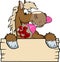 Horse Outlined Cartoon Character over A Blank Wood Sign biting a Bouquet