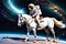 A Horse Playfully Galloping Atop an Astronaut\\\'s Helmet, Both Floating in the Vacuum of Space Surrounded by Cosmic Beauty