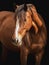 Horse portrait on black background, brown and white Lusitano