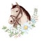 Horse portrait in digital watercolor style and a bouquet of daisies