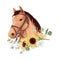 Horse portrait in digital watercolor style and a bouquet of sunflowers and daisies