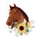 Horse portrait in digital watercolor style and a bouquet of sunflowers and daisies