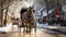 Horse Pulling a Holiday Decorated Carriage Through a Snowy Christmas Village. Generative AI