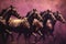 Horse race. Galloping stallions with abstract color background. Equestrian jockey on horseback.