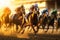 Horse racing, betting on equestrian sports. An equestrian. Many horses are competing, running against the background of the sunset