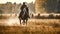A horse and rider galloping across a field created with Generative AI