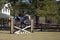 Horse and rider jumping hurdles