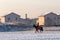 Horse rider in training happy rides barefoot in winter