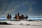 Horse riders at the beach with mountains in South Africa, Cape Town