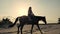 Horse riding. Silhouette of rider and horse. horsewoman is riding a horse on sandy ground, at sunset, against sun