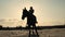 Horse riding. Silhouette of rider and horse. horsewoman is riding a horse on sandy ground, at sunset, against sun