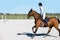 Horse riding . Young girl riding a horse 