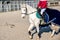 Horse riding . Young girl riding a horse . Equestrian sport in details.