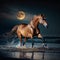 A horse running along the water\\\'s edge of the seashore on a moonlit night