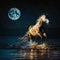 A horse running along the water\\\'s edge of the seashore on a moonlit night