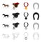 A horse, a saddle for a rider, a reward in races, a horseshoe. Hippodrome and horse racing set collection icons in