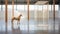 A horse standing in a room with glass walls and a large window