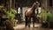 A horse standing in a stable, looking out through its stall door