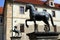 Horse statues and building of the Senate of Czech Republic in Prague. Waldstein palace garden.