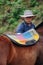 Horse trainer saddling a horse for the first time