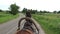 Horse transportation carries harness wheel cart, village road