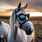 A horse wearing augmented reality goggles, exploring a virtual open field environment2