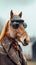 A horse wearing sunglasses and a coat with an orange scarf, AI