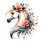 Horse. A white horse in flowers. Horse head. Mare. Portrait. Watercolor. Isolated illustration on a white background