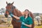 Horse, woman veterinary and portrait outdoor for health and wellness in the countryside. Happy doctor, professional