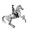 Horseback rider and rearing dapple grey horse. Black and white monochrome watercolor or ink hand drawing illustration.