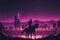 A horseback rider\\\'s silhouette against a futuristic desert city. illustration painting