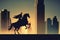 A horseback rider\\\'s silhouette against a futuristic desert city. illustration painting