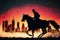 A horseback rider\\\'s silhouette against a futuristic desert city. illustration painting