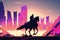 A horseback rider\\\'s silhouette against a futuristic desert city. illustration painting