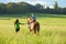 Horseback Riding Lessons - Woman Leading a Horse with a Boy in S