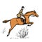 Horseman horse rider. English style historic horseback man. Riding male on sorrel horse.