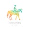 Horseman on sports horse silhouette logo design template. Logotype emblem icon. Creative colorful brush grunge style.