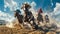 Horseracing thundering charge from front of field, dust and mud from the charging horses with jockeys leaning forward.