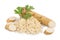 Horseradish root with slices grated pile and parsley isolated on white background