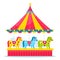 Horses carousel. Kids amusement park roundabout with little ponies different colors and carnival decor. Fair rotating