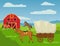 Horses at country animal ranch farm, horse harnessed to cart wagon vector illustration.