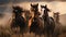 Horses free run on desert storm against sunset sky. Neural network AI generated