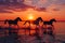 horses gallop on the beach at sunset, AI generated