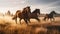 Horses galloping in the meadow at sunrise. Motion blur