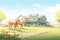 horses grazing in front of the ranch house, magazine style illustration