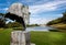 Horses head sculpture facing the Emperor Fountain and Canal pond in front of Chatsworth House in Derbyshire, UK