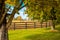 Horses at horsefarm. Country autumn landscape