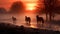 Horses in Misty Countryside Sunrise generated by AI tool