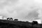 Horses pasturing on top of a hill, beneath an overcast, moody sk